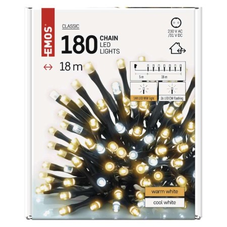 Catena Luminosa 180 LED: 144 caldi fissi e 36 freddi lampeggianti, 18m, Timer, Esterno | Emos D4AN03