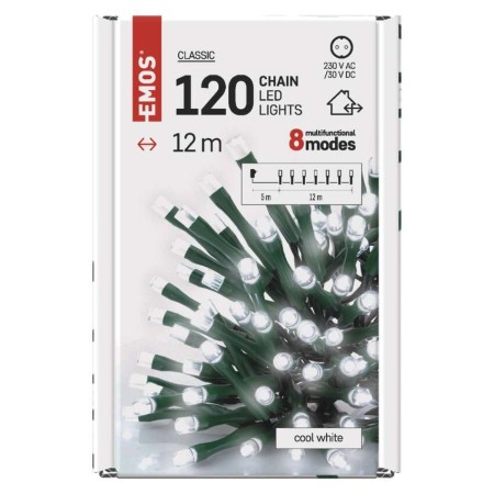 CATENA LUMINOSA120 LED LUCE FREDDA 12MT 8 GIOCHI DI LUCE INTERNO ESTERNO D4AC08