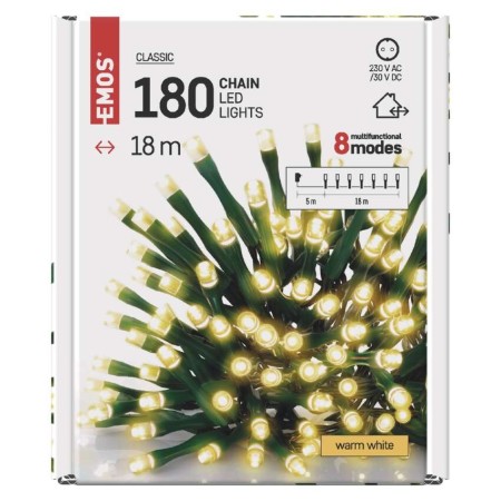 CATENA LUMINOSA 180 LED LUCE CALDA 18MT 8 GIOCHI DI LUCE INTERNO ESTERNO D4AW07