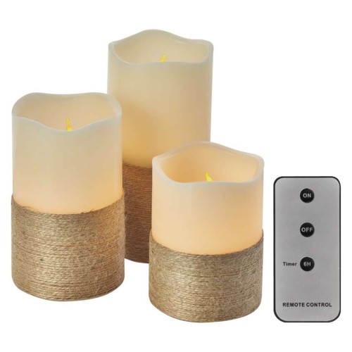 SET 3 CANDELE LED FINTA CERA AVVOLTE CON CORDINO E TELEC. A BATTERIE DCCV06