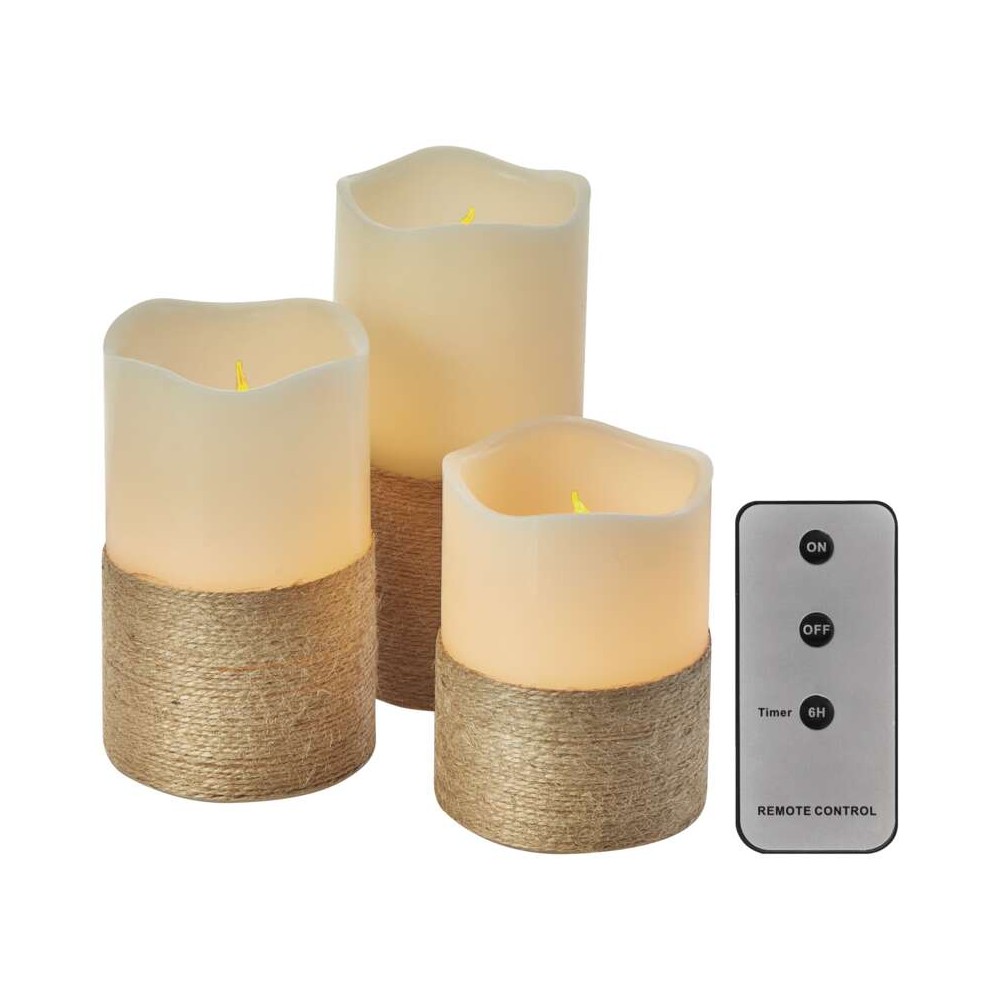 SET 3 CANDELE LED FINTA CERA AVVOLTE CON CORDINO E TELEC. A BATTERIE DCCV06