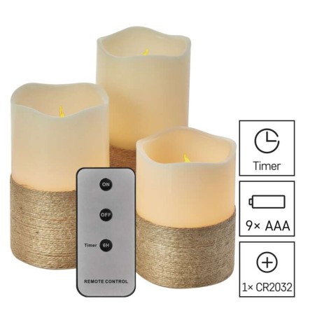 SET 3 CANDELE LED FINTA CERA AVVOLTE CON CORDINO E TELEC. A BATTERIE DCCV06