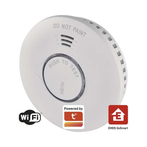 Rilevatore Wi-Fi EMOS con simboli smart home e notifica app