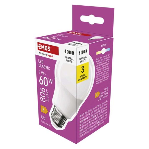Lampadina LED E27 7W 4000K Luce Naturale 806lm | EMOS ZQ5E43