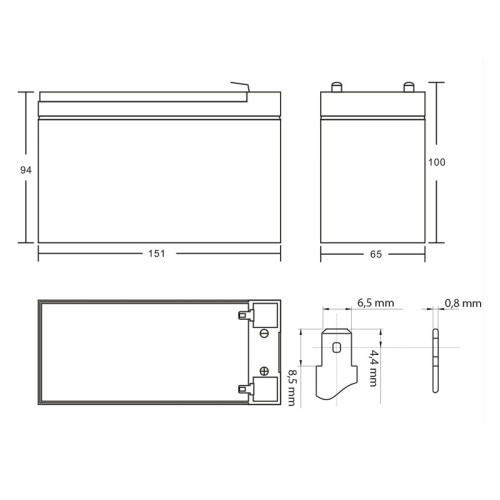 Dimensioni batteria EMOS B9674 12V 7.2Ah Dimensioni batteria EMOS B9674 12V 7.2Ah