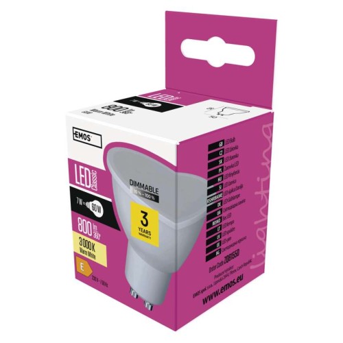 Lampadina LED GU10 7W EMOS: luce calda, dimmerabile, 25.000 ore di durata.