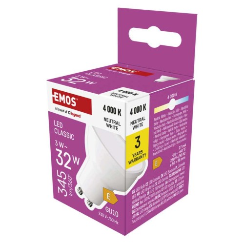 Faretto LED GU10 3W (35W) 4000K 345lm Luce Neutra 3 Anni Garanzia | EMOS ZQ8E13