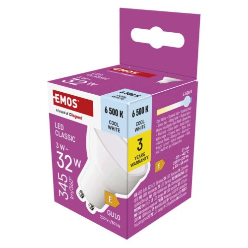 Faretto LED GU10 3W Emos: luce fredda, efficienza e 30.000 ore di durata.