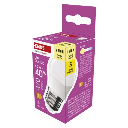 Lampadina LED Sfera E27 4.2W 470lm 2700K Luce Calda | Emos ZQ6E21