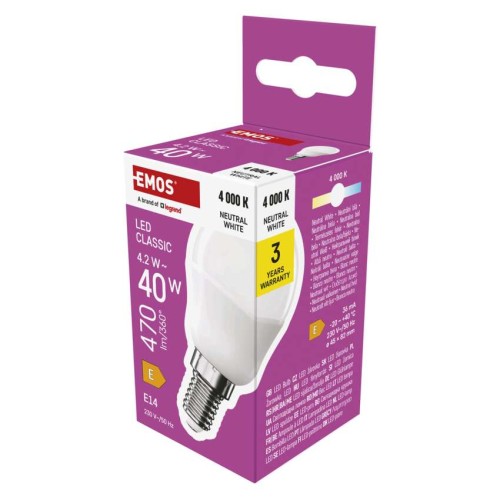 Lampadina LED Sfera E14 4.2W, luce neutra 4000K, 806lm, Emos ZQ1E23.