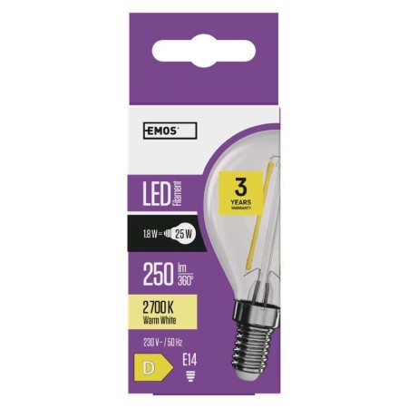 Lampadina led filamento E14 1.8W (25W) 2700K 250LM sfera chiara | Emos ZF1200