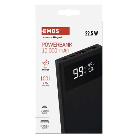Power bank EMOS BetaQ 10000mAh 22.5W Nero – 4 Porte USB, USB-C e Display LED | EMOS B0531B
