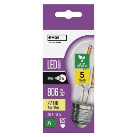 Lampadina LED Filamento E27 3.8W (60W) 2700K Classe A: Luce Calda | Emos ZF5147
