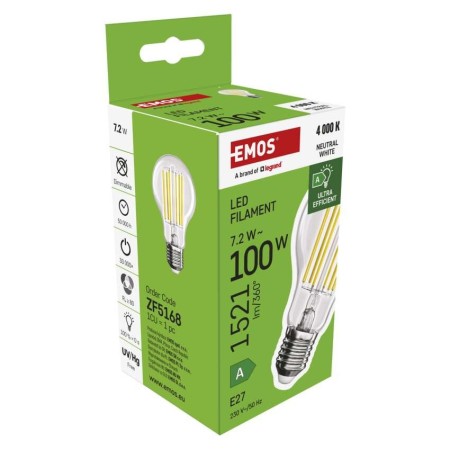 Lampadina LED Filamento Classe A E27 7.2W (100W) 4000K 212lm/W | EMOS ZF5168