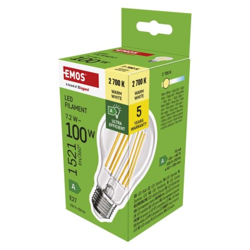 Lampadina LED Filamento E27 7.2W 2700K Classe A 212lm/W | EMOS ZF5167