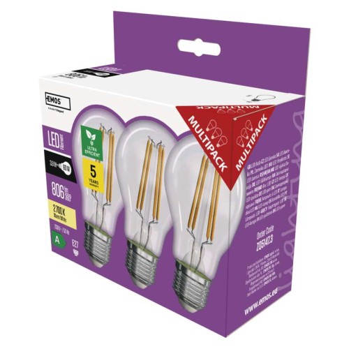 Confezione 3 Lampadine LED Filamento E27 3.8W 2700K Classe A Luce Calda | Emos ZF5147.3