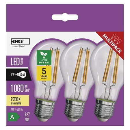 Confezione da 3 Lampadine LED Filamento E27 5W (75W) 2700K Classe A: Luce Calda | Emos ZF5157.3