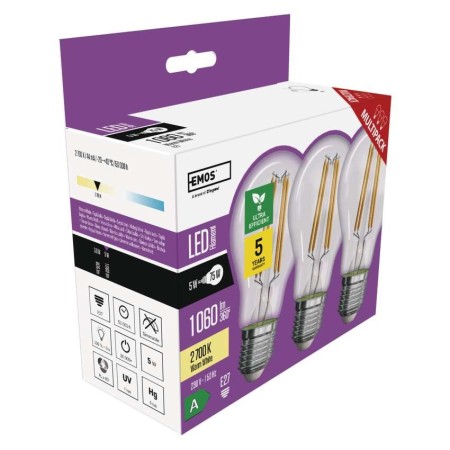 Confezione da 3 Lampadine LED Filamento E27 5W (75W) 2700K Classe A: Luce Calda | Emos ZF5157.3