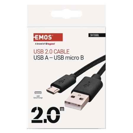 Cavo USB micro-B 2.0 2m Nero Treccia Tessile – Ricarica e Trasferimento Dati | EMOS SM7008BL