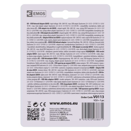 Caricabatterie USB da Parete 18W con Porta USB-A QC 3.0 | EMOS V0113