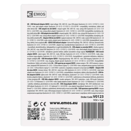 Caricabatterie USB 18W Quick Charge 3.0 | EMOS V0123