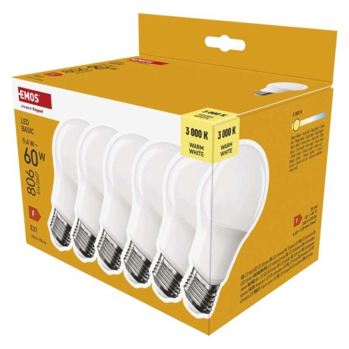Set 6 Lampadine LED A60 E27 9.4W (60W) 806lm 3000K Luce Calda | EMOS ZL5F42.6