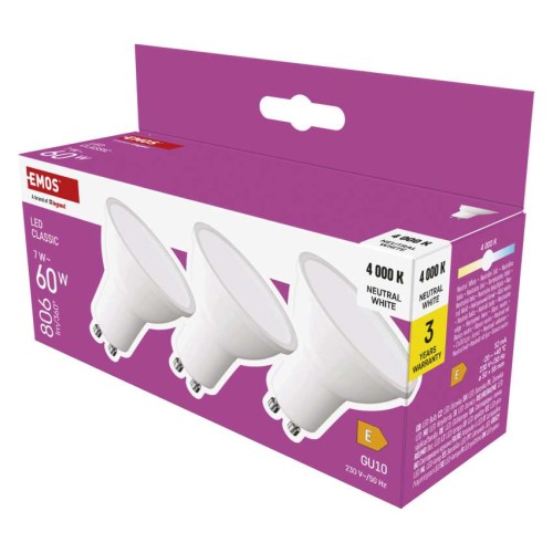 Set 3 Faretti LED GU10 7W (60W) 3000K 806lm: Illuminazione Calda | Emos ZQ8E42.3