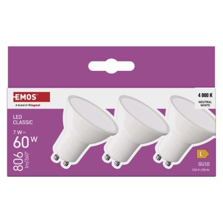 Set 3 Faretti LED GU10 7W (60W) 3000K 806lm: Illuminazione Calda | Emos ZQ8E42.3