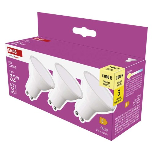 Set 3 Faretti LED GU10 3W 3000K (35W) 345lm Luce Calda 3 Anni Garanzia | EMOS ZQ8E12