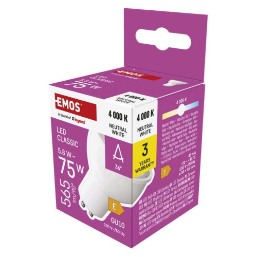 Faretto LED GU10 5.8W (75W) 4000K 36° 565lm: Luce Neutra Intensa | Emos ZQ8E33N