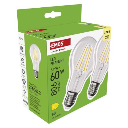 SET di 2 Lampadine LED Filamento Goccia E27 5.9W (60W) 806lm 2700K Luce Calda | Emos ZF5D42.2