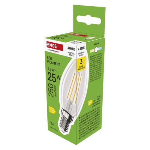 Lampadina LED Filamento Oliva E14 1.8W 250lm 4000K Luce Neutra | Emos ZF3D03