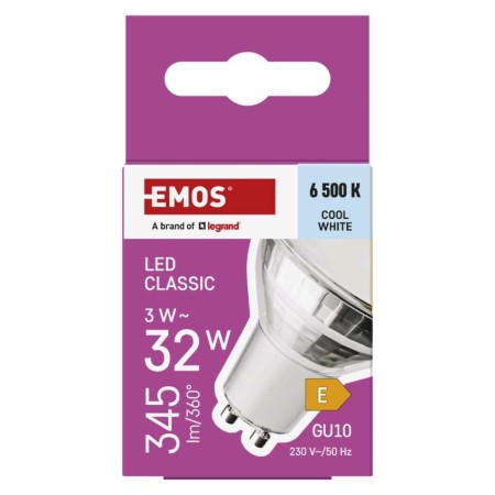 Lampadina LED GU10 3W (32W) 345lm 6500K Luce Fredda Vetro Finitura Argento | Emos ZQ8E19