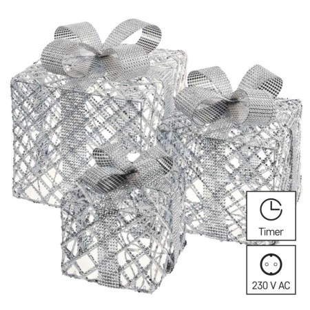 Decorazione Natalizia LED 3 Scatole Regalo Argento con Luce Bianca Fredda e Timer | Emos DCFC10