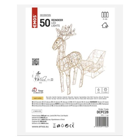 Decorazione Natalizia LED Renna con Slitta 47 cm con Luce Bianca Calda e Timer | Emos DCFC28