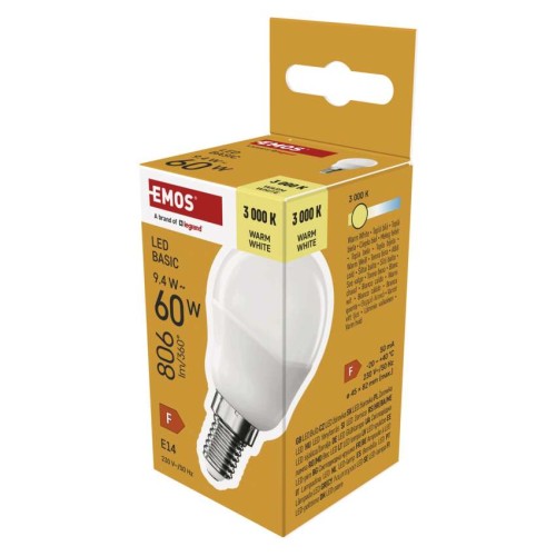 Lampadina LED sfera E14 9.4W con luce calda 2700K e attacco piccolo a basso consumo energetico