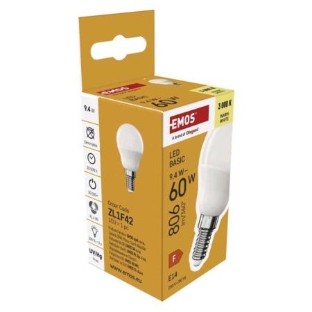 Lampadina LED Sfera E14 9.4W (60W) 806lm 2700K Luce Calda | Emos ZL1F42