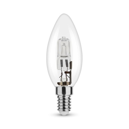 Lampadina alogena oliva E14 28W, CRI 100, luce calda e dimmerabile.