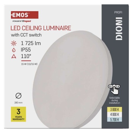 Plafoniera LED DIONI Bianca 15W/10W CCT 3000K 4000K 5700K IP55 Ø280mm | EMOS ZM7150