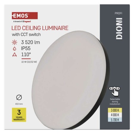 Plafoniera LED DIONI Nera 32W/22W CCT 3000K 4000K 5700K IP54 Ø410mm | EMOS ZM7155