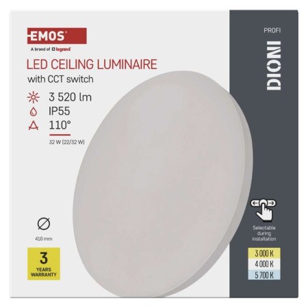 Plafoniera LED DIONI Bianca 32W/22W CCT 3000K 4000K 5700K IP55 Ø410mm | EMOS ZM7152