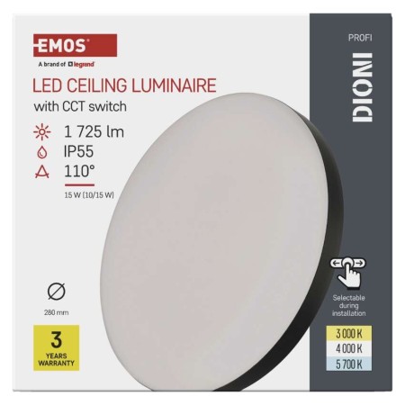 Plafoniera LED DIONI Nera 15W/10W CCT 3000K 4000K 5700K IP55 Ø280mm | EMOS ZM7153