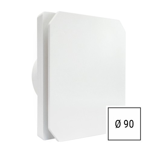 Aspiratore da muro LUX Levante bianco 90mm con frontalino quadrato, installato in un bagno moderno, protezione IPX4