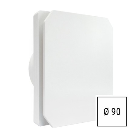 Aspiratore da muro LUX Levante bianco 90mm con frontalino quadrato, installato in un bagno moderno, protezione IPX4 Aspiratore da muro LUX Levante bianco 90mm con frontalino quadrato, installato in un bagno moderno, protezione IPX4