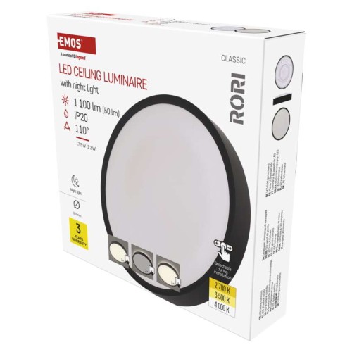 Plafoniera LED rotonda CCT EMOS ZM4401 nera, luce regolabile 17W con telecomando.