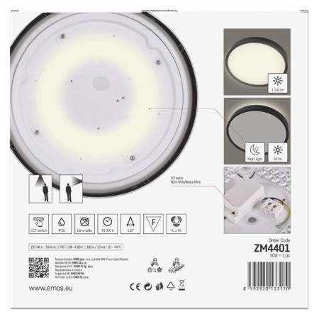 Plafoniera LED Rori Rotonda CCT 17W Dimmerabile con Telecomando Nera | EMOS ZM4401