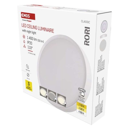 Plafoniera LED EMOS ZM4400 Rori bianca, rotonda, CCT dimmerabile, con luce notturna.