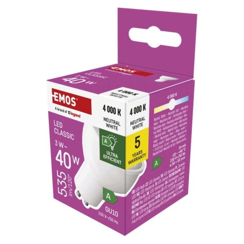 Lampadina LED GU10 3W luce neutra 4000K, 535 lumen, Classe A, attacco GU10, ideale per ambienti domestici e commerciali