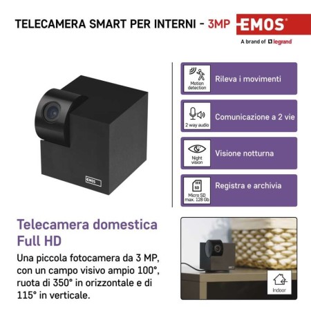 Telecamera WiFi Smart EMOS IP-110 CUBE 3MP con Movimento PTZ e Audio Bidirezionale | EMOS H4061