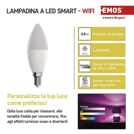 Lampadina LED RGB GoSmart Oliva E14 4.8W (40W) 470lm RGB+CCT 2700-6500K Dimmerabile Wi-Fi | EMOS ZQW322R